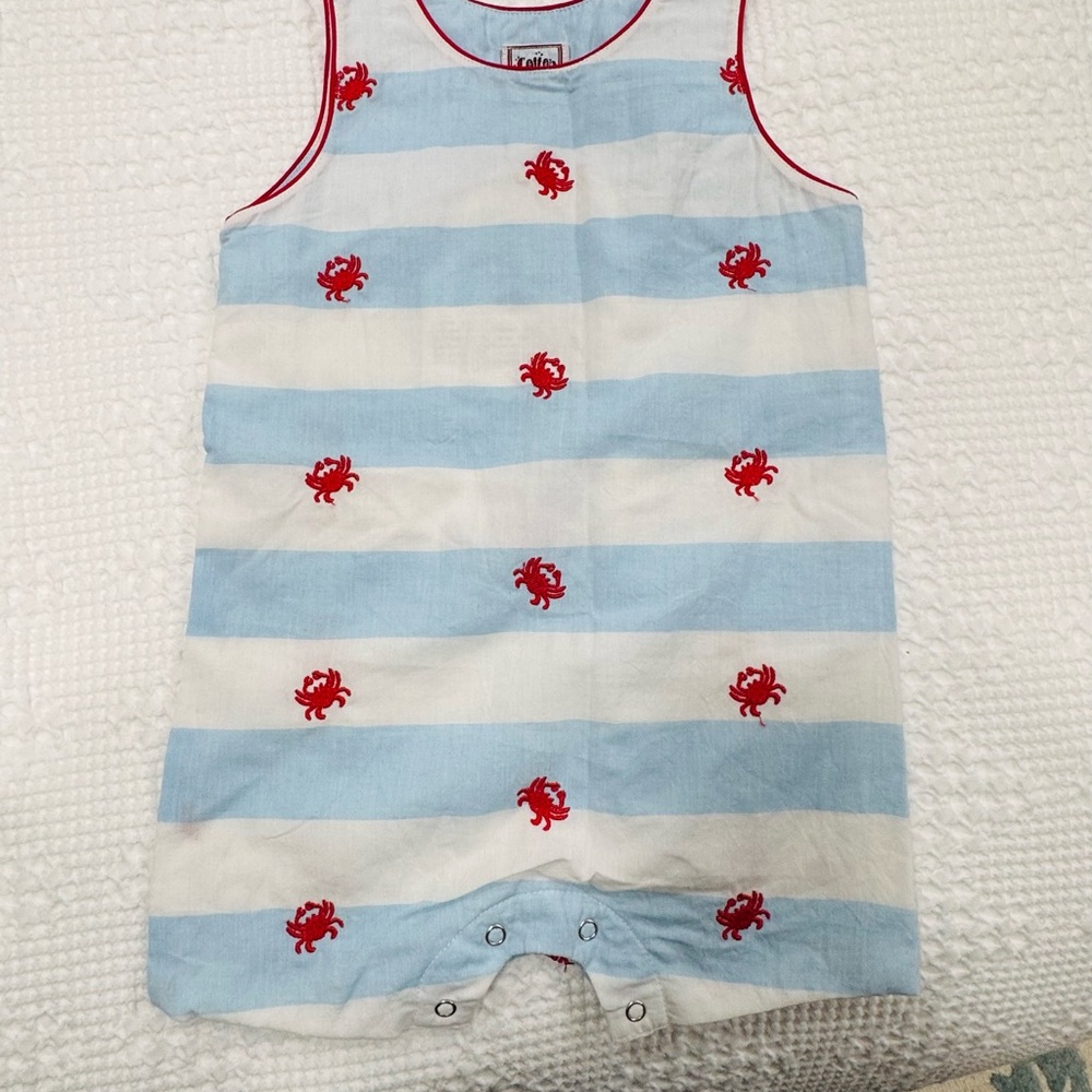 Striped Blue White Kids with Crab Design, crab outfit, embroidered crab outfit